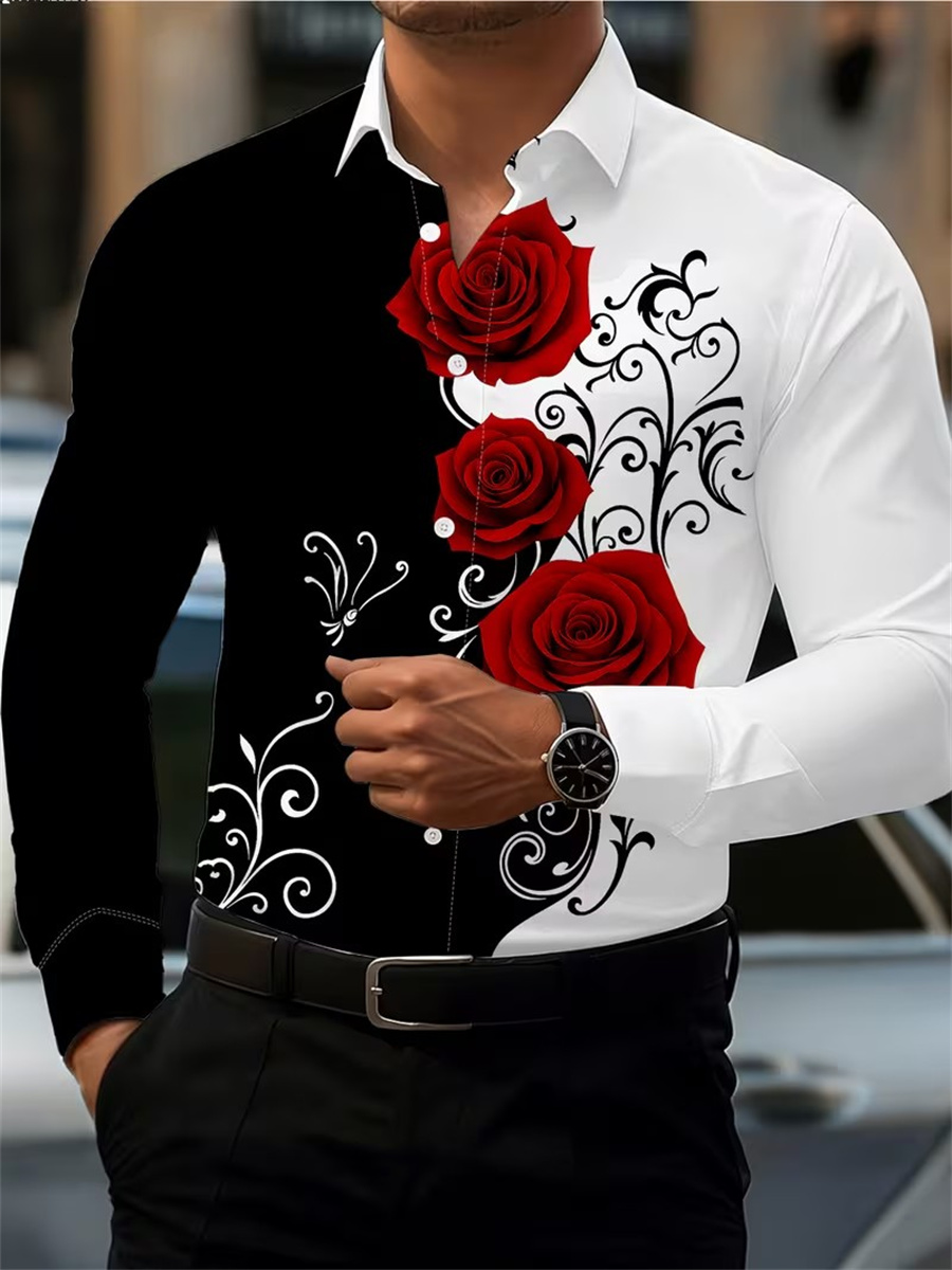 Men's Red Rose Print Long-Slee - Men'S Fashion Outfits ulasan dan harga