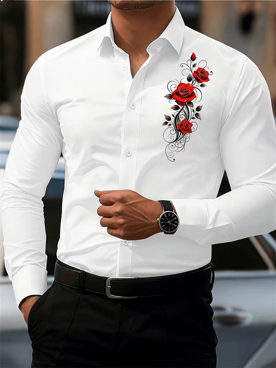 Men's Red Rose Print Long-Slee - Men'S Fashion Outfits ulasan dan harga