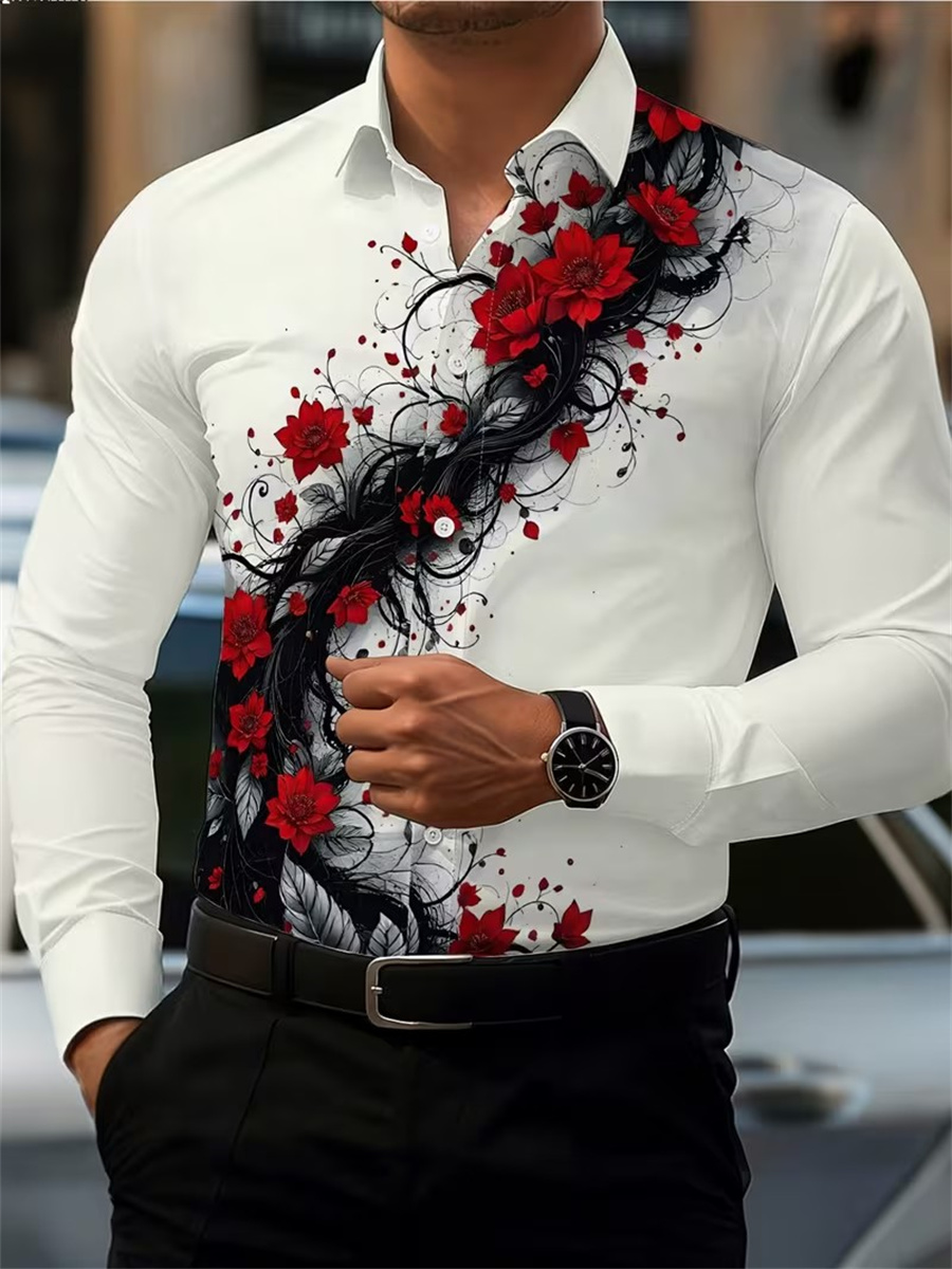 Men's Red Rose Print Long-Slee - Men'S Fashion Outfits ulasan dan harga